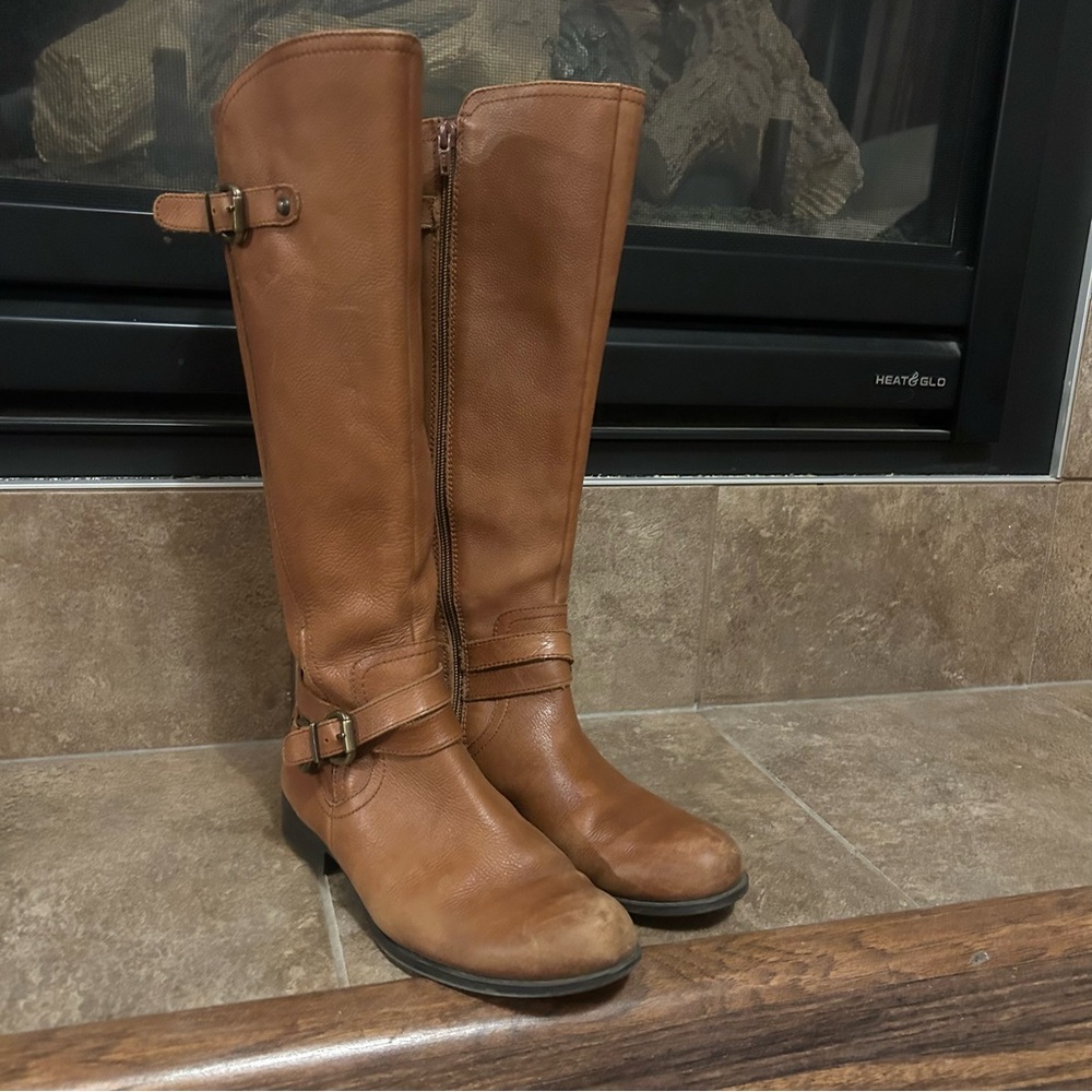 Naturalizer Leather Knee-High Riding Moto Boots Double Buckle Zippered Size 7M